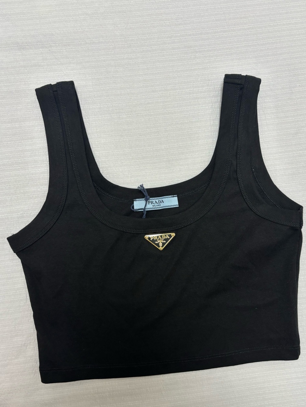 Prada Linea Rossa Black Cropped Tank with Gold Triangle Badge
